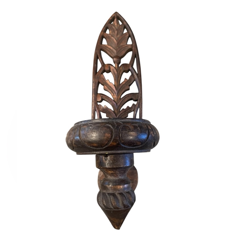 Vintage Wall Sconce Pillar Candle Holder Carved Wood Metal with Metal Fixtures